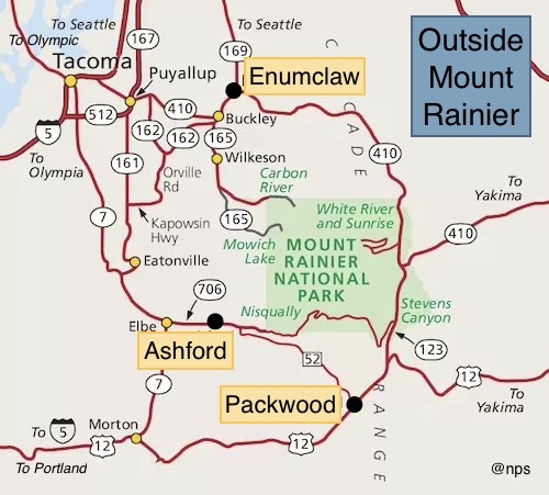 Map showing roads outside of Mount Rainier