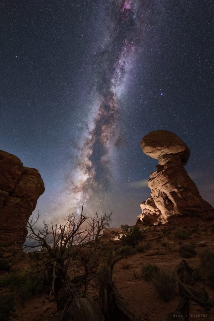 night sky over Balance Rock in Arches National Park