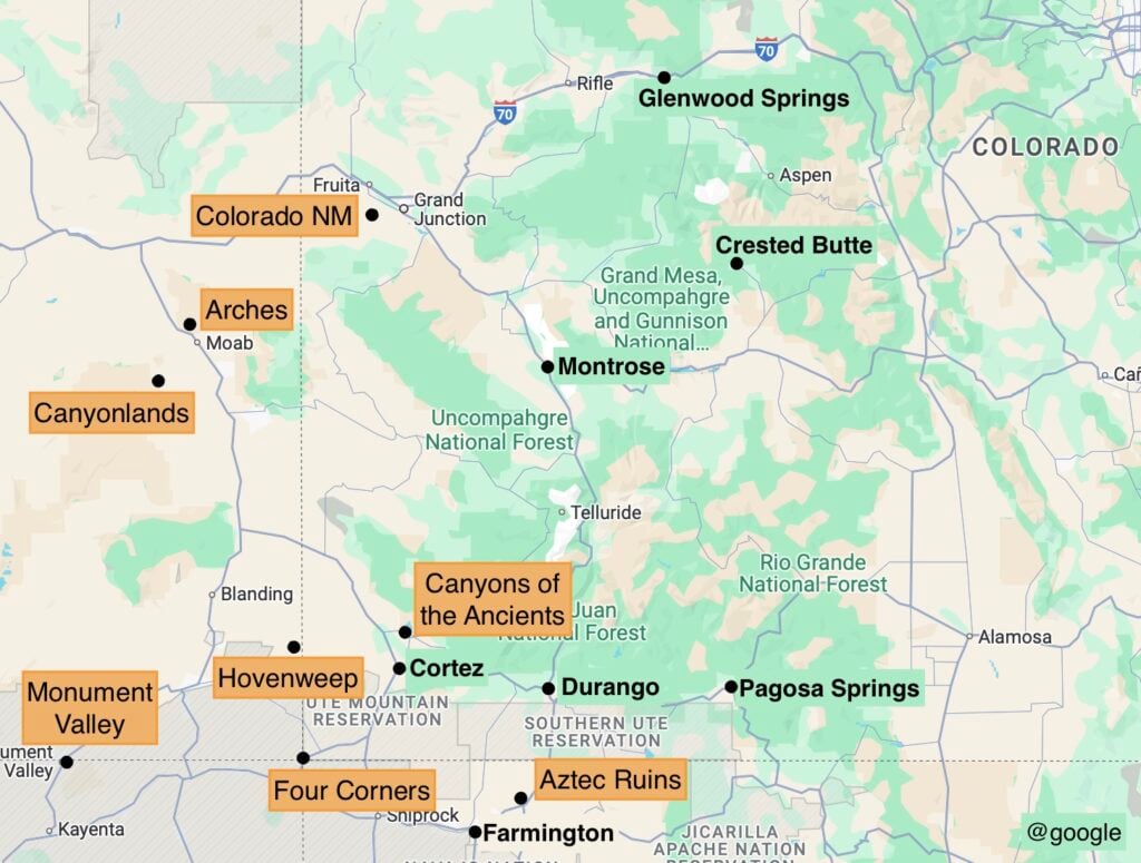 Map showing sites in Southwestern Colorado