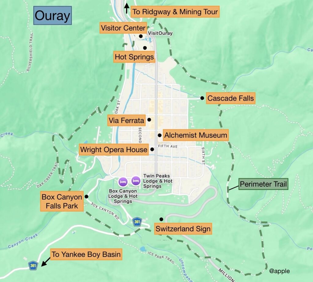 map showing sites in Ouray, Colorado