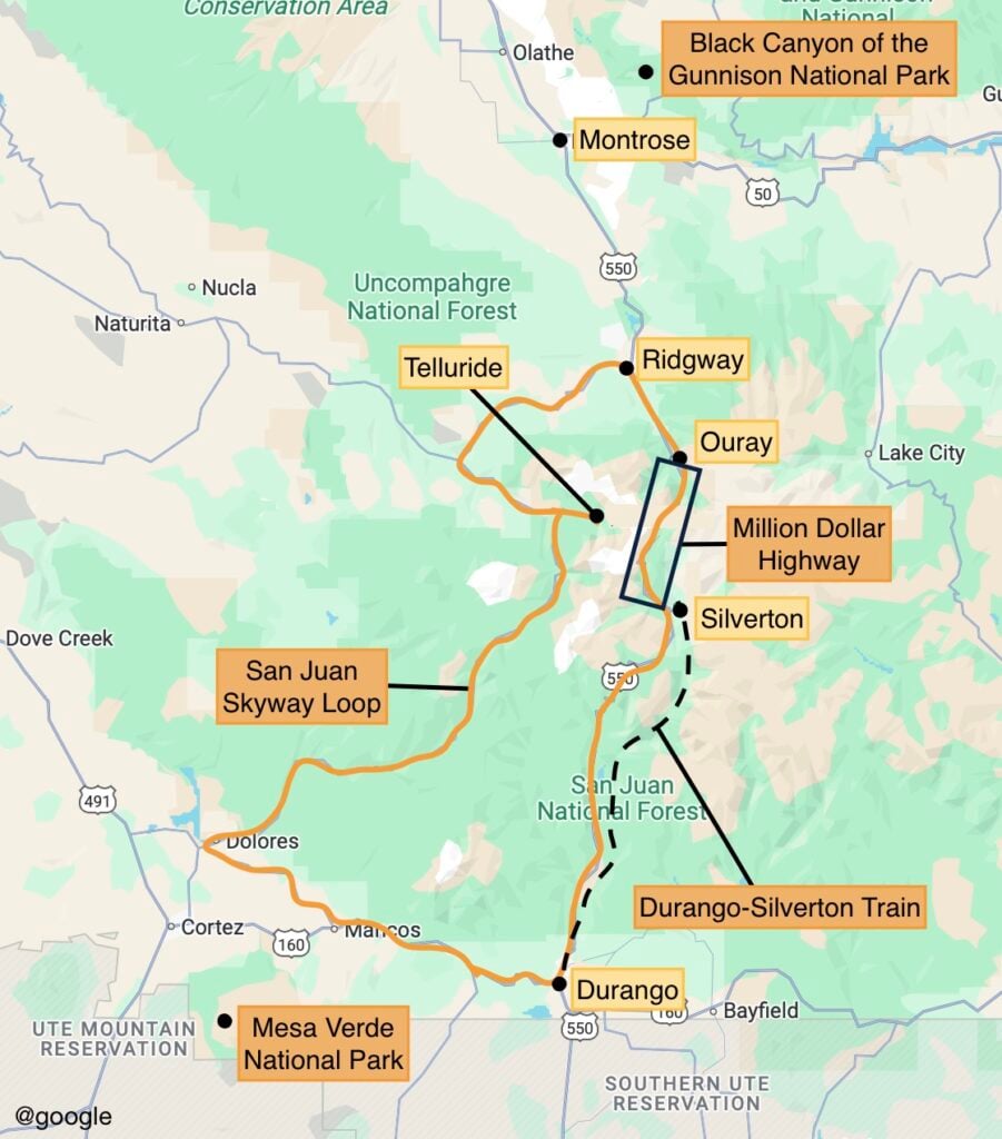 map showing cities and sites in San Juan Mountains