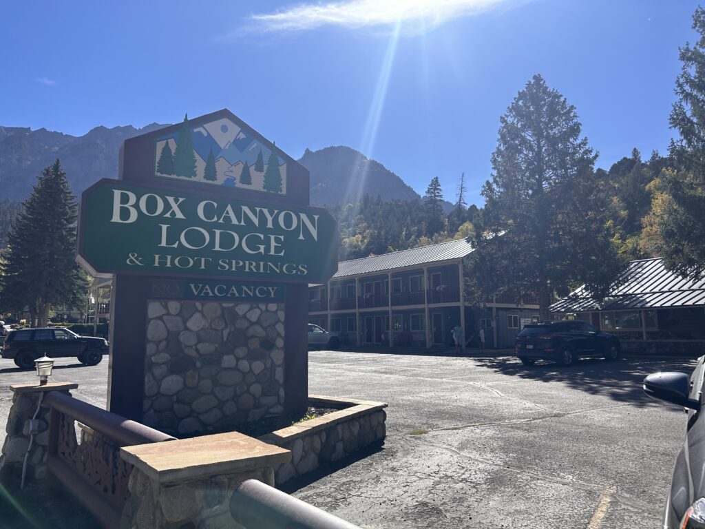 Box Canyon Lodge sign in front of hotel