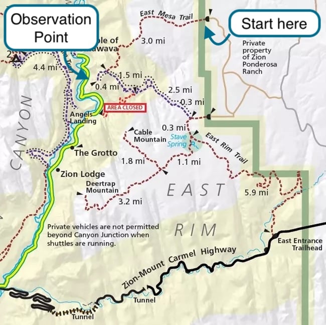 map showing the Observation Trail in Zion