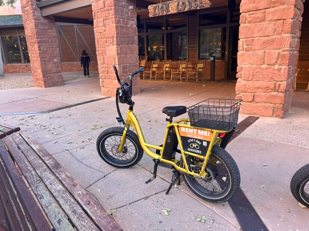 rented ebike in front of Zion Lodge