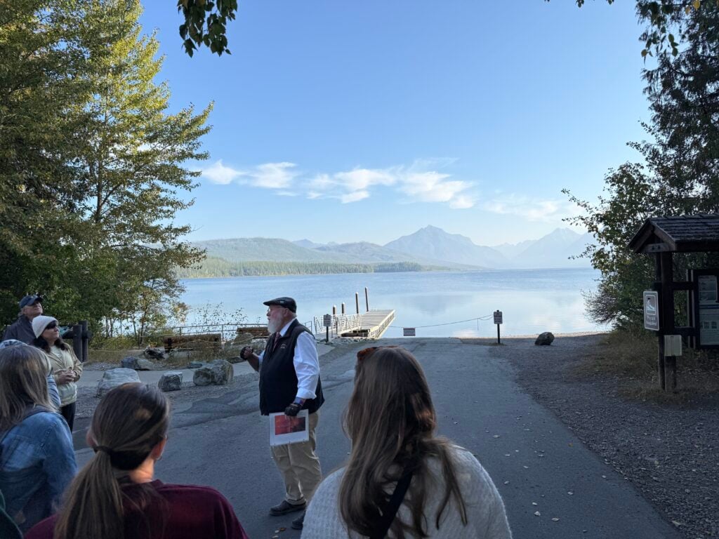tour guide on red bus tour in Glacier National Park