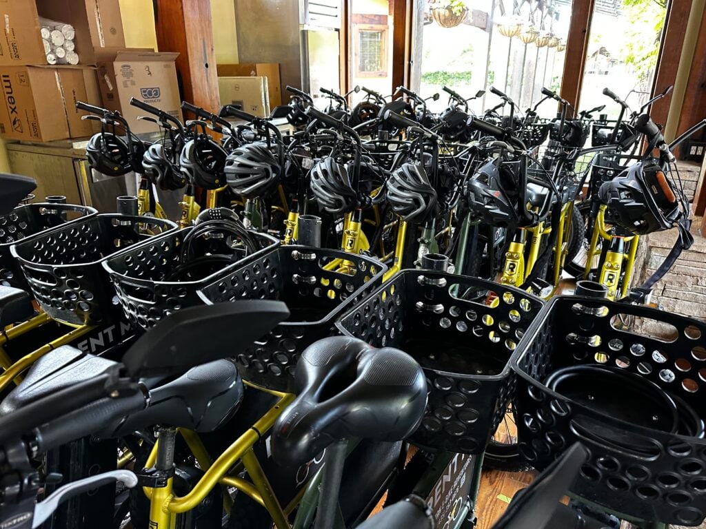 ebikes stacked together in rental shop