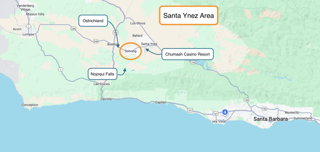 map showing directions to Solvang, California
