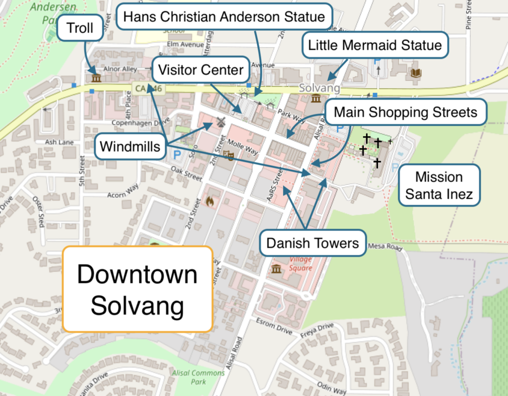 map of downtown Solvang, California