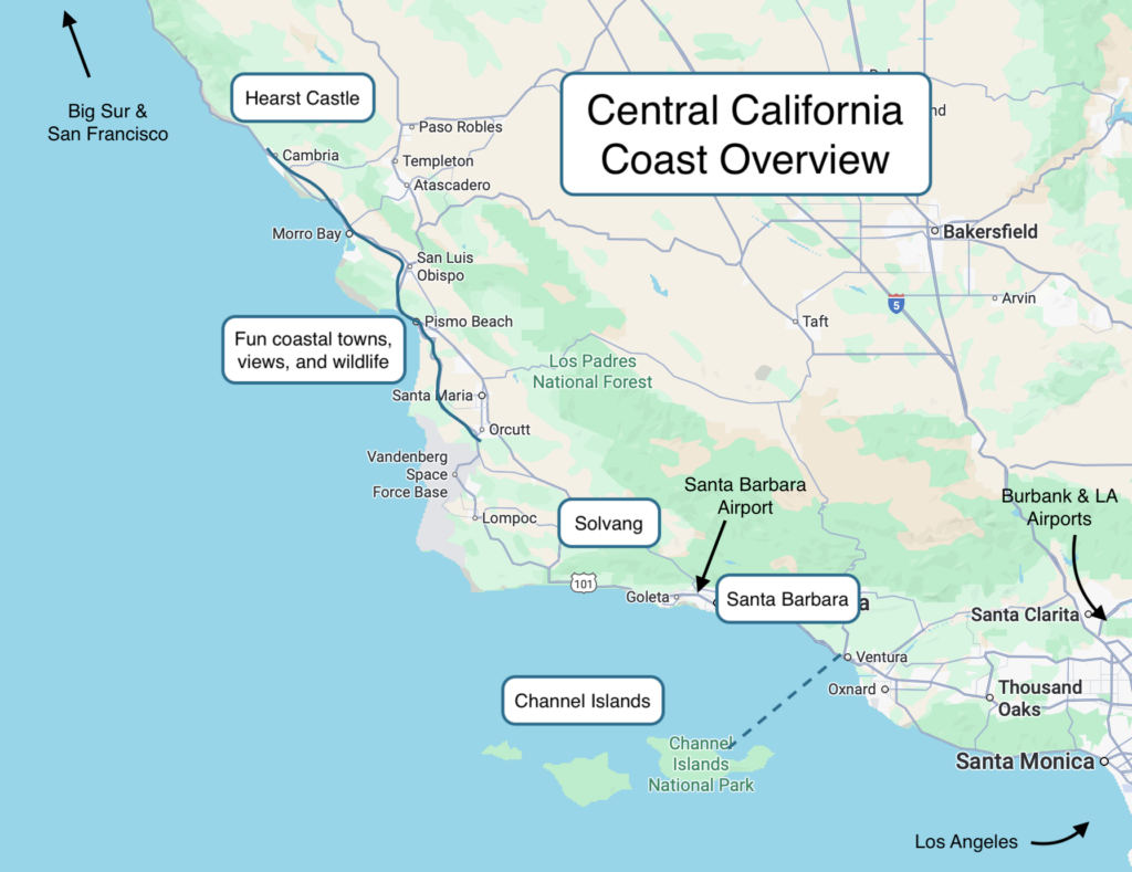 map showing stops along Central California Coast