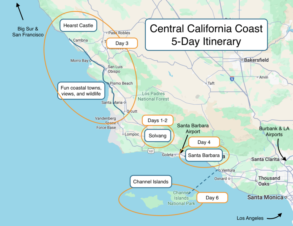 map showing 5-day itinerary for Central California Coast