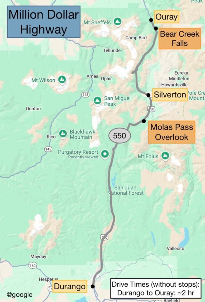 map showing the Million Dollar Highway in Colorado