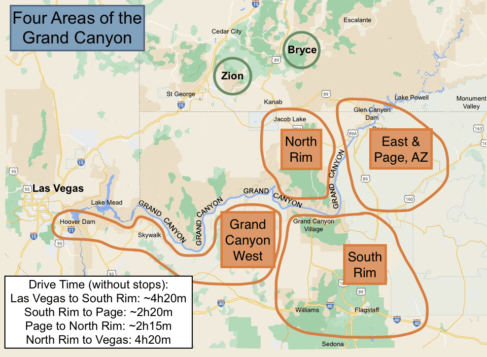 Four Areas of Grand Canyon Map