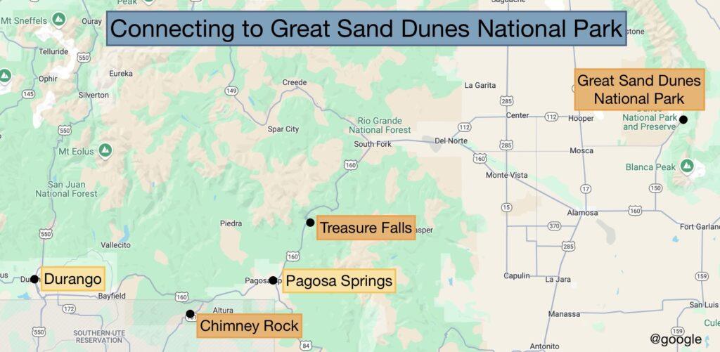 map showing directions to Great Sand Dunes National Park