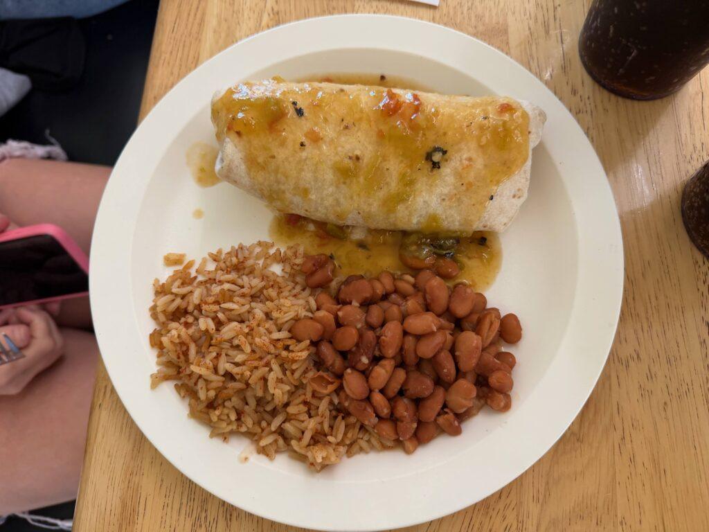 burrito, beans, and rice