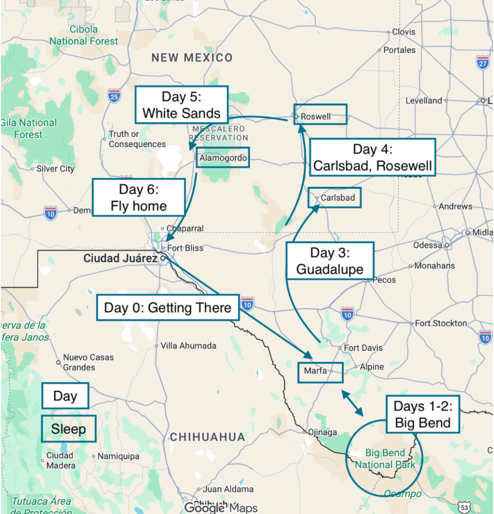 map showing itinerary sites through New Mexico and Texas