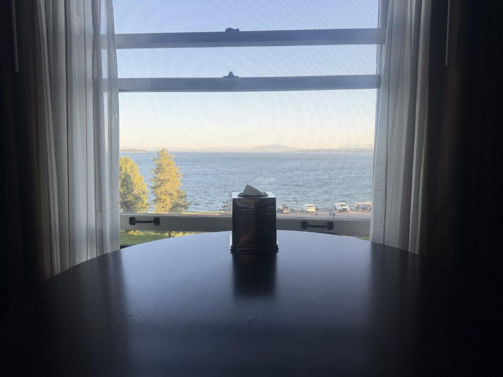 view of lake out window in hotel