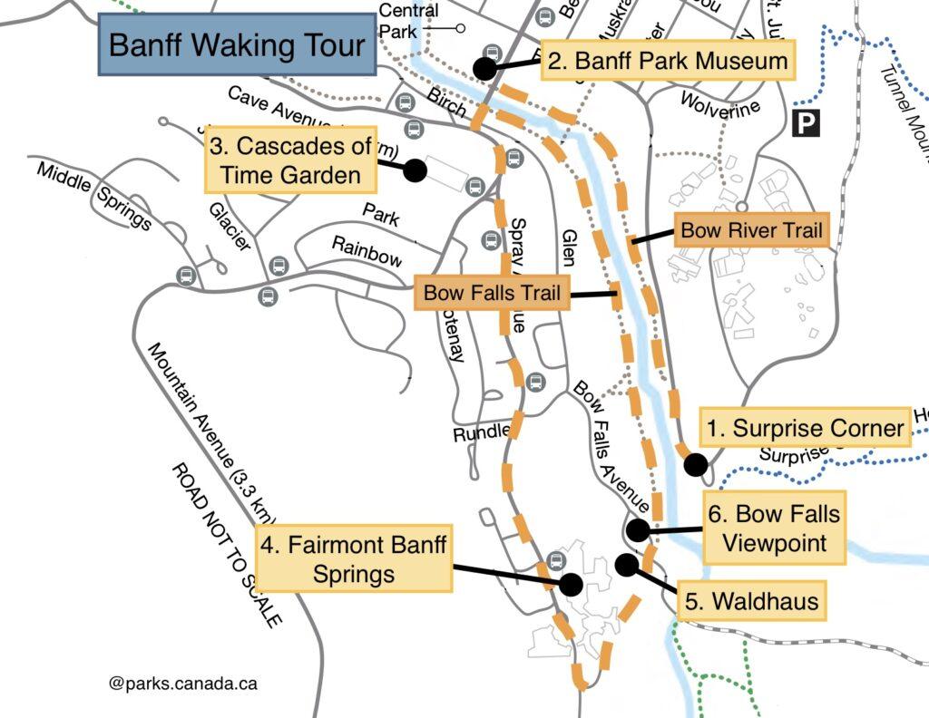 map showing Banff walking tour