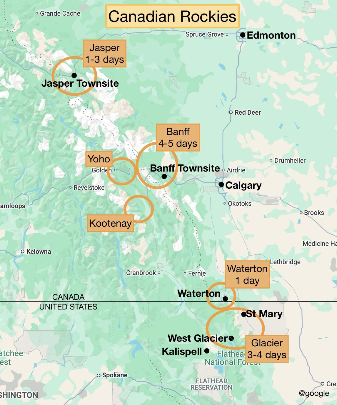 map showing itinerary for Canadian Rockies road trip