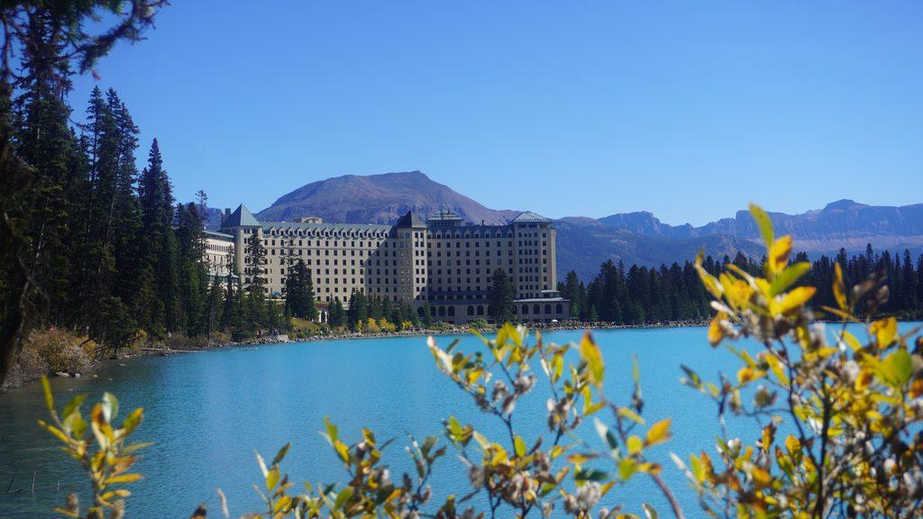 high end hotel across blue lake
