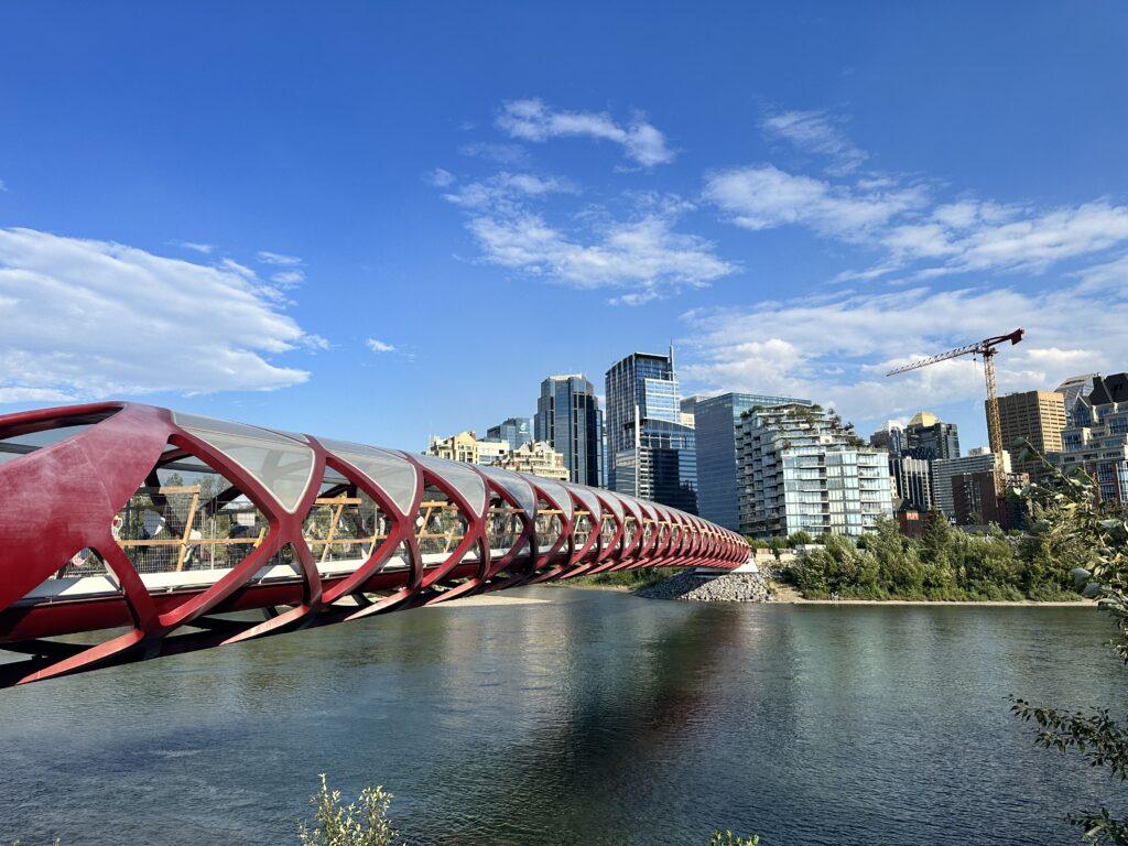 red bridge over large river