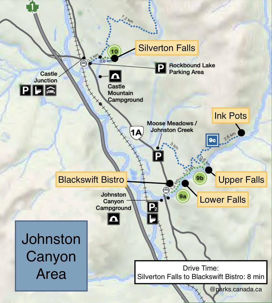 map of Johnston Canyon Area of Banff National Park