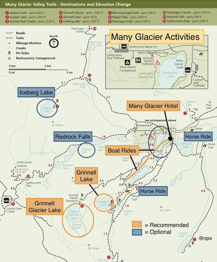 map showing things to do in Many Glacier