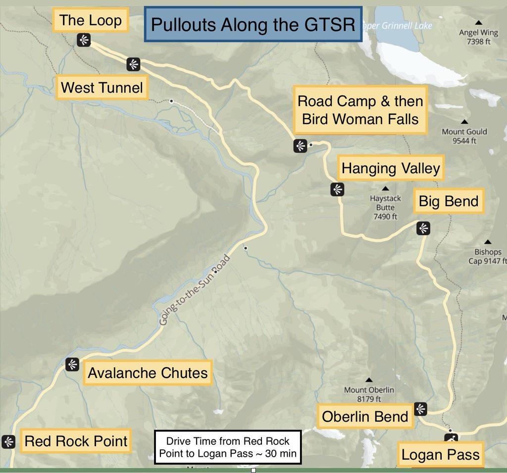 map showing pullouts along the Going to the Sun Road