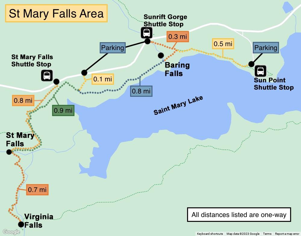map showing the St. Mary Falls area of Glacier National Park