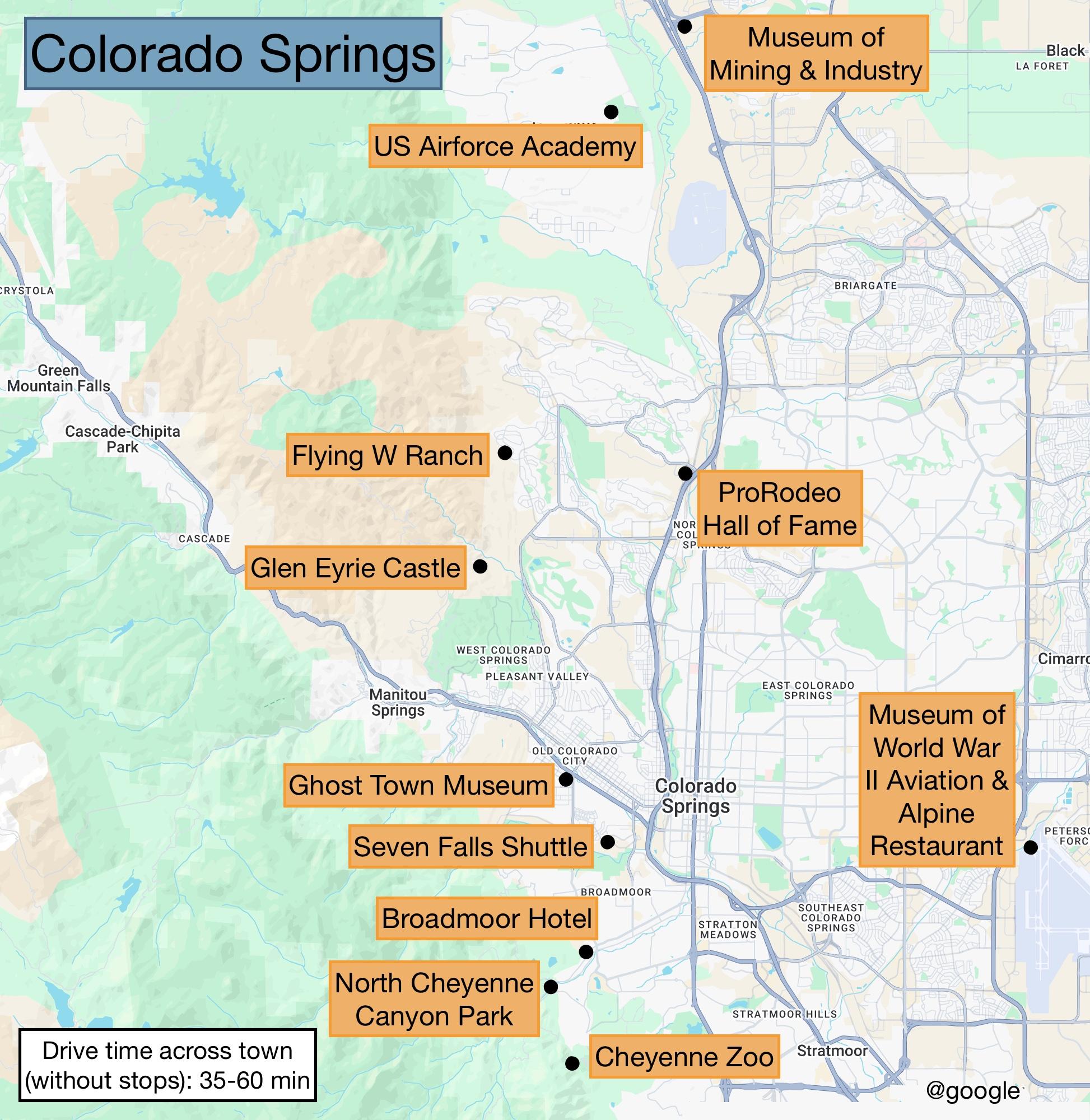 Map of Colorado Springs attractions from the US Air Force Academy south to Cheyenne Mountain Zoo