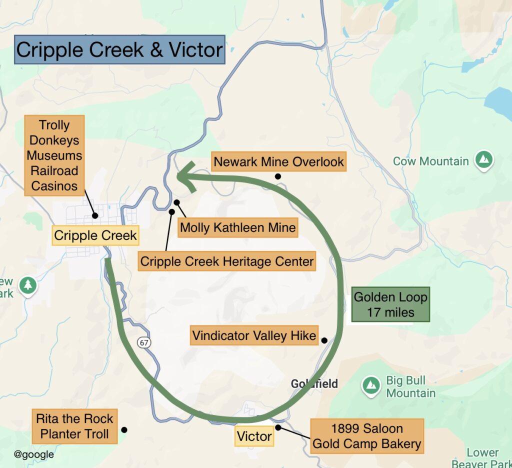 map showing sites in the Cripple Creek & Victor area