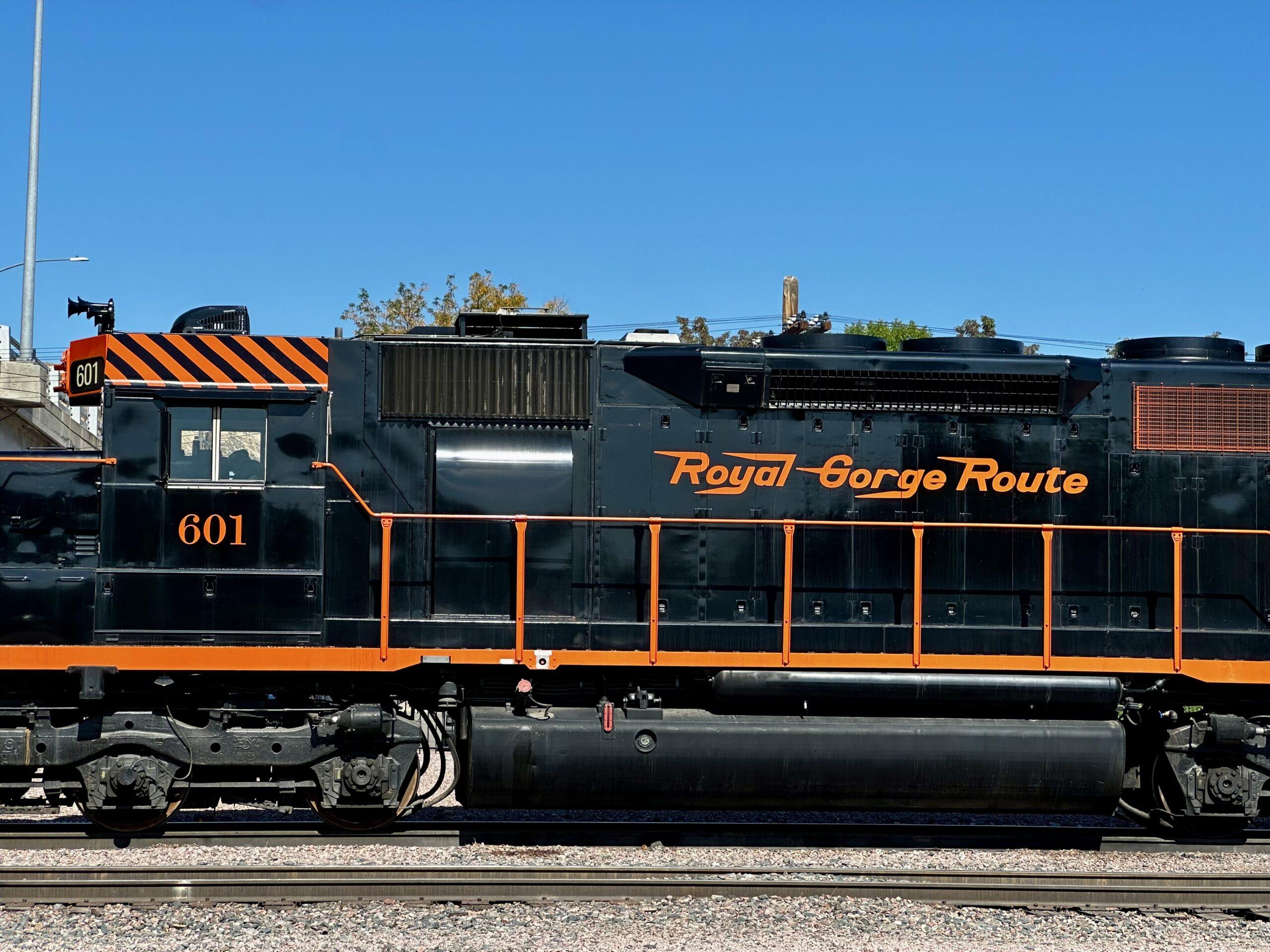 Black and orange Royal Gorge Route locomotive number 601 at Cañon City