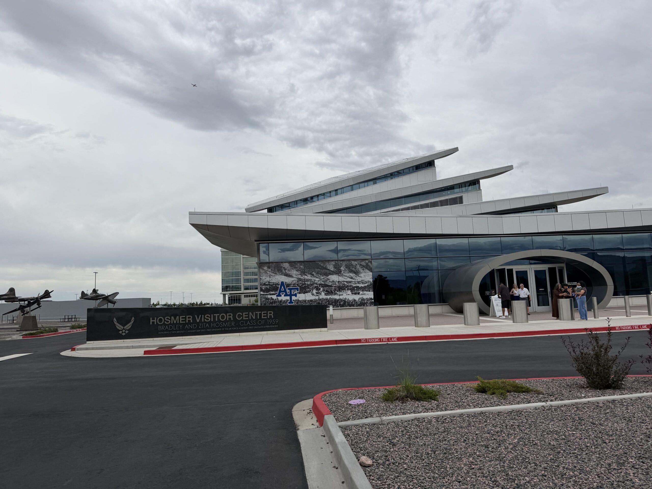 Angular rooflines and glass entrance of the Air Force Academy Hosmer Visitor Center