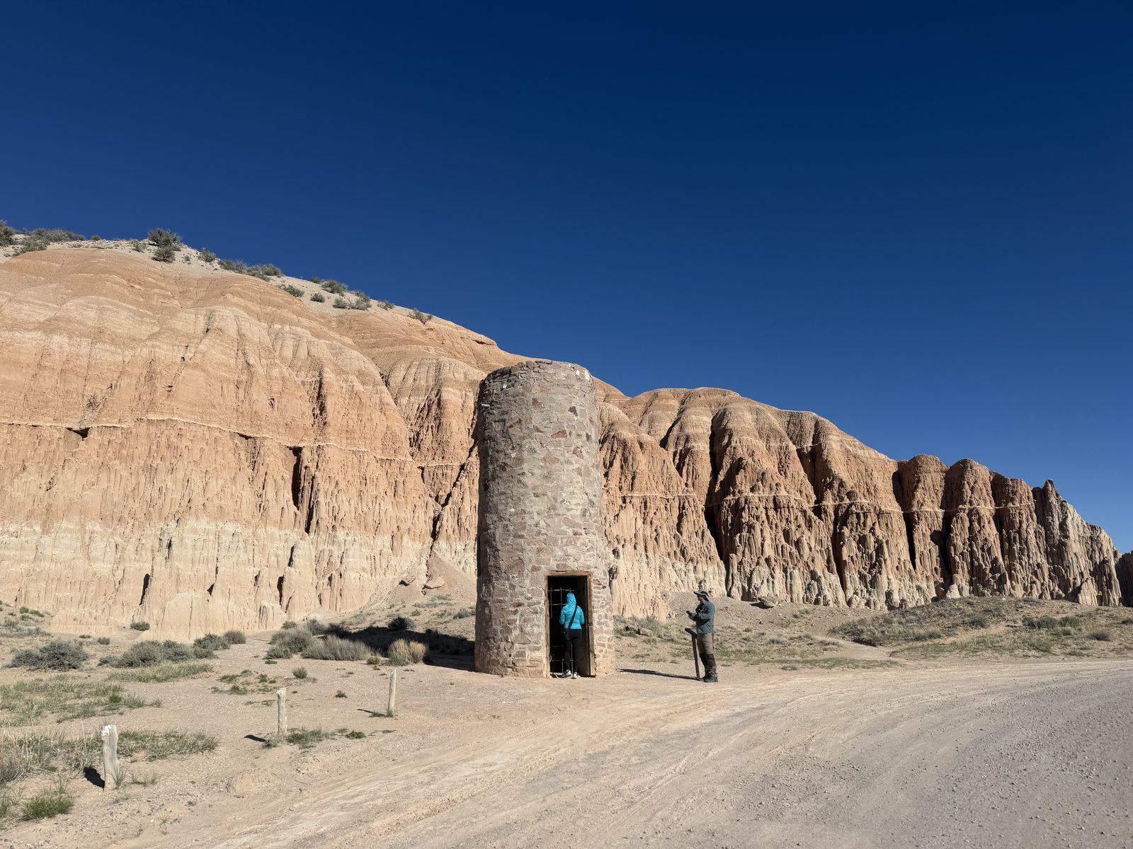 Historic round stone water tower built by the CCC at Cathedral Gorge State Park.