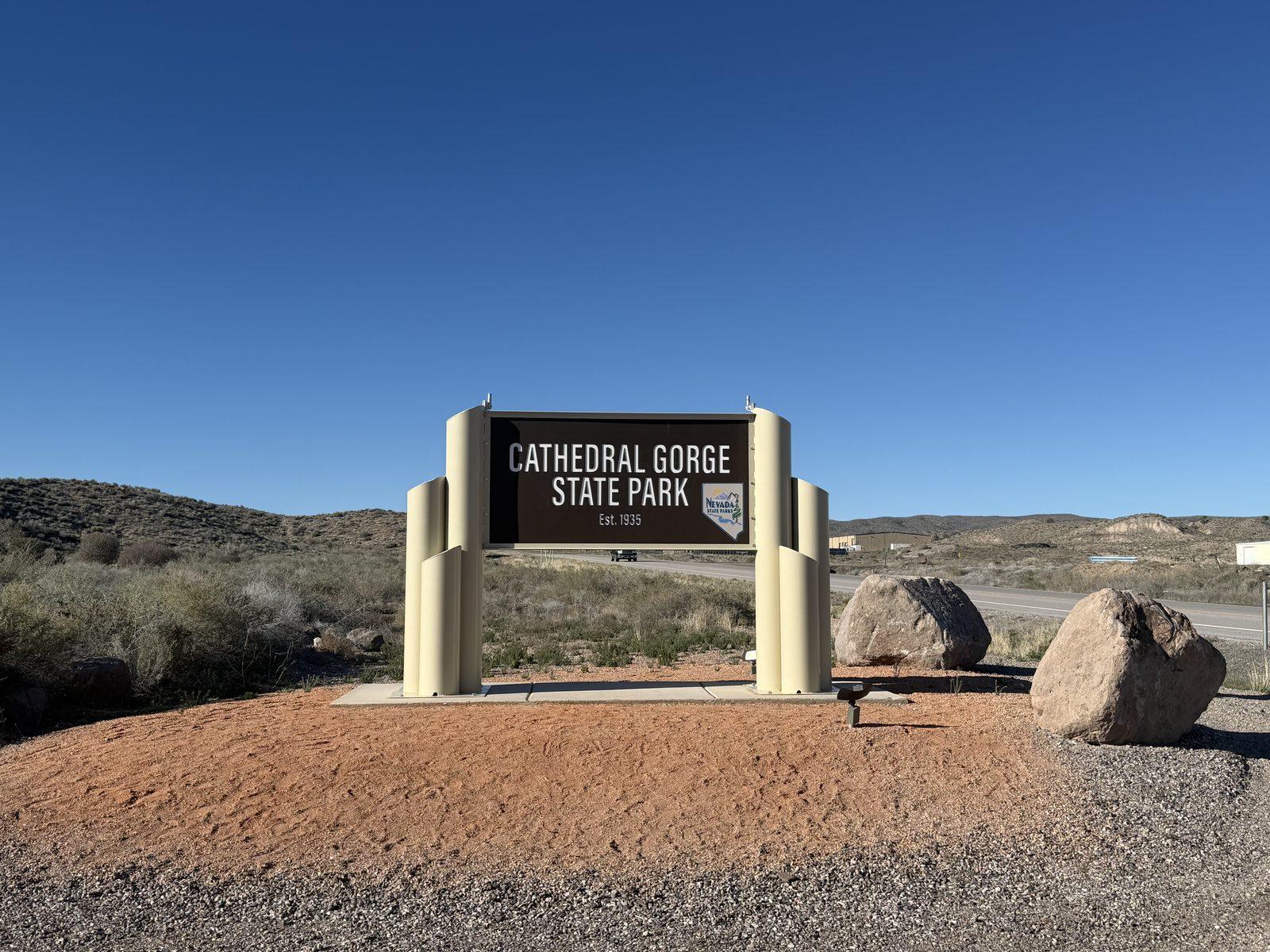Roadside entrance sign for Cathedral Gorge State Park in Nevada.
