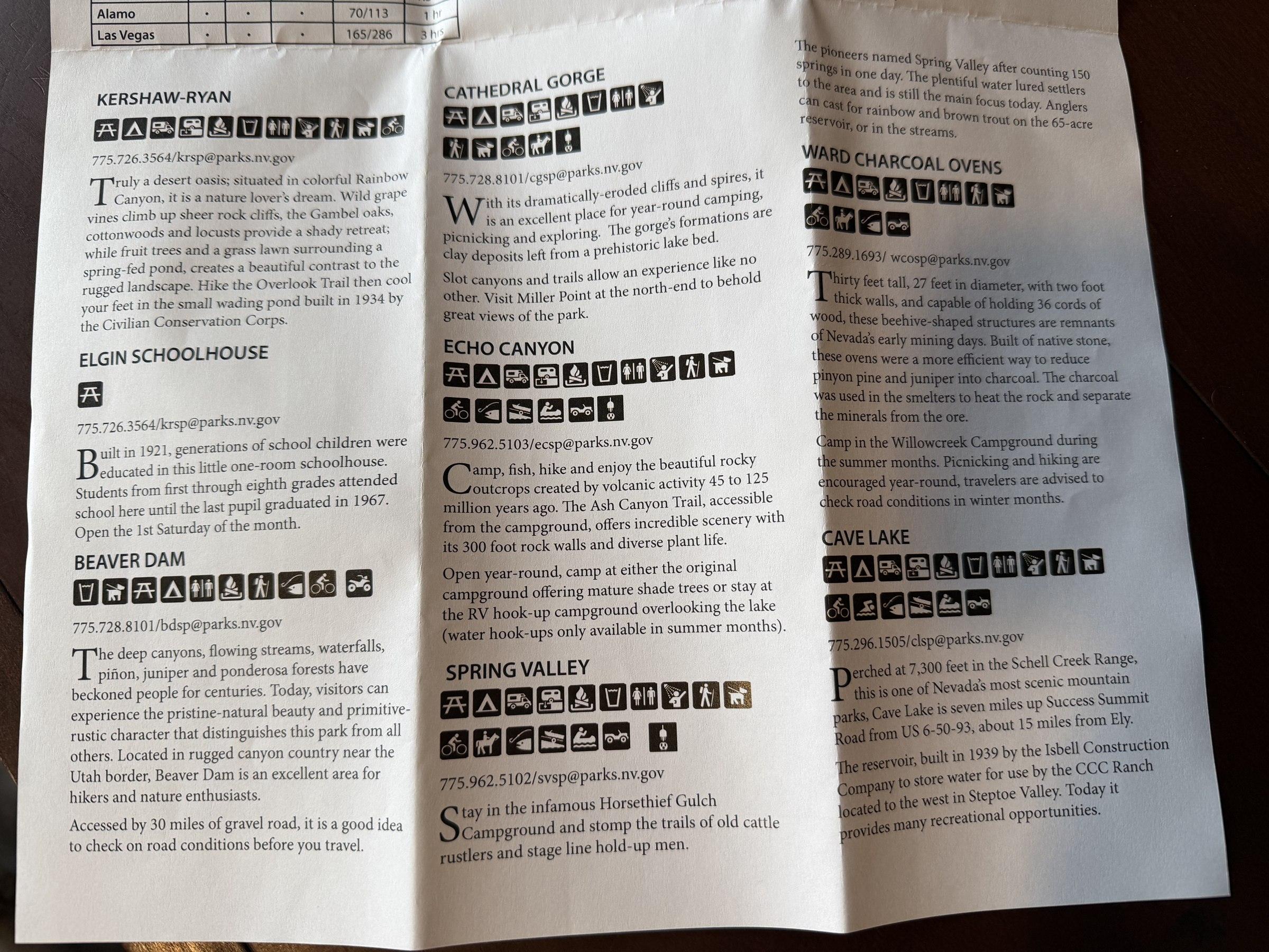 Photographed brochure with descriptions and visitor information for eastern Nevada state parks.