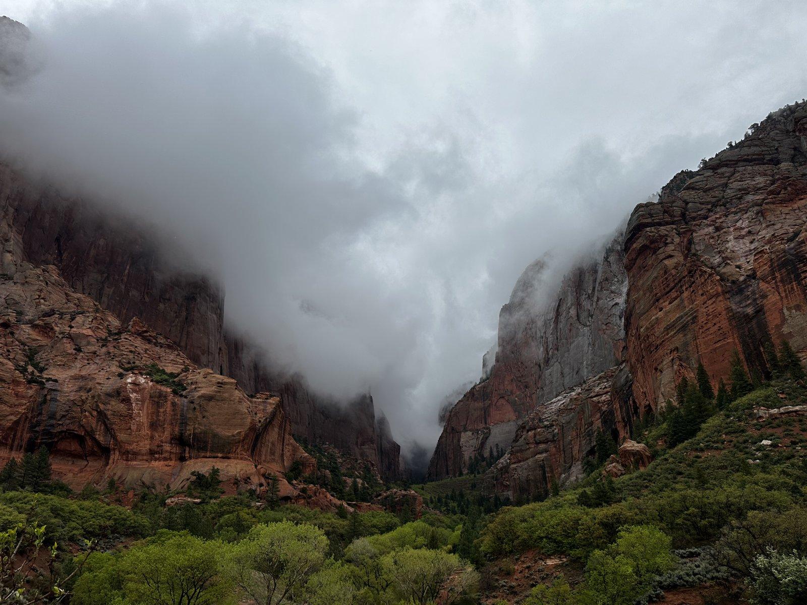Low clouds between the red sandstone cliffs of Kolob Canyons