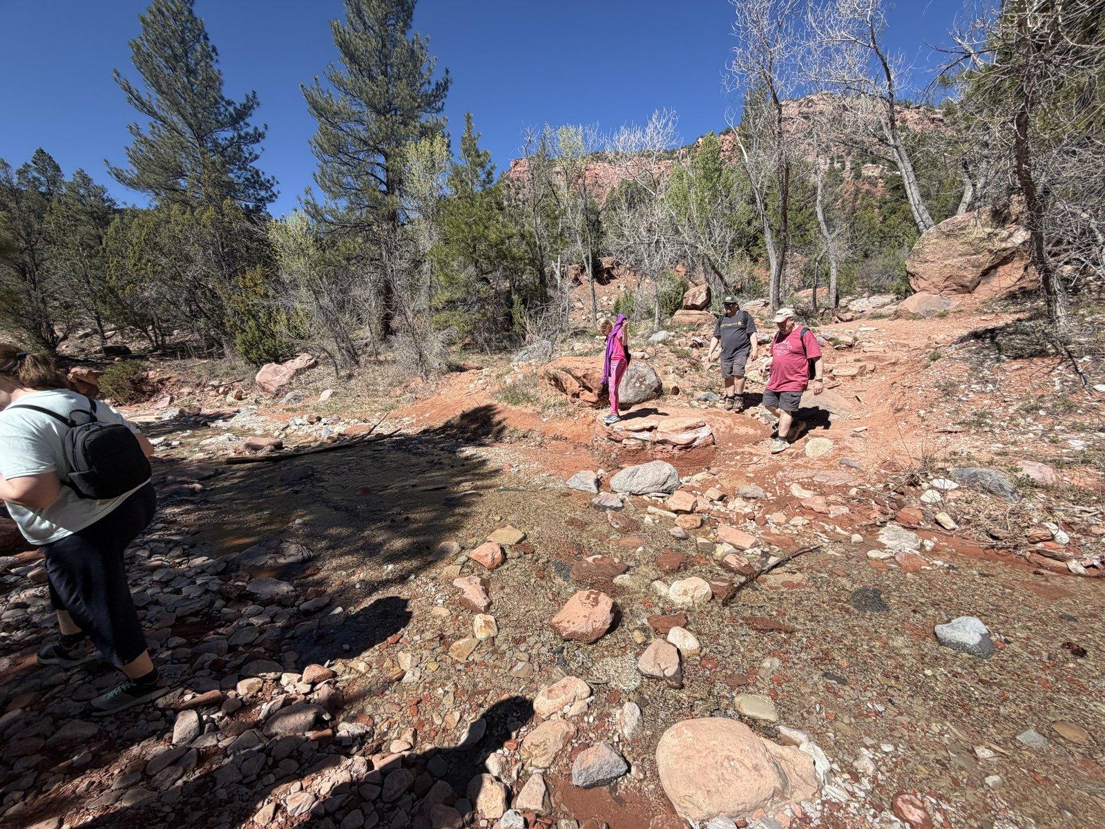 Family crossing Taylor Creek on stepping stones