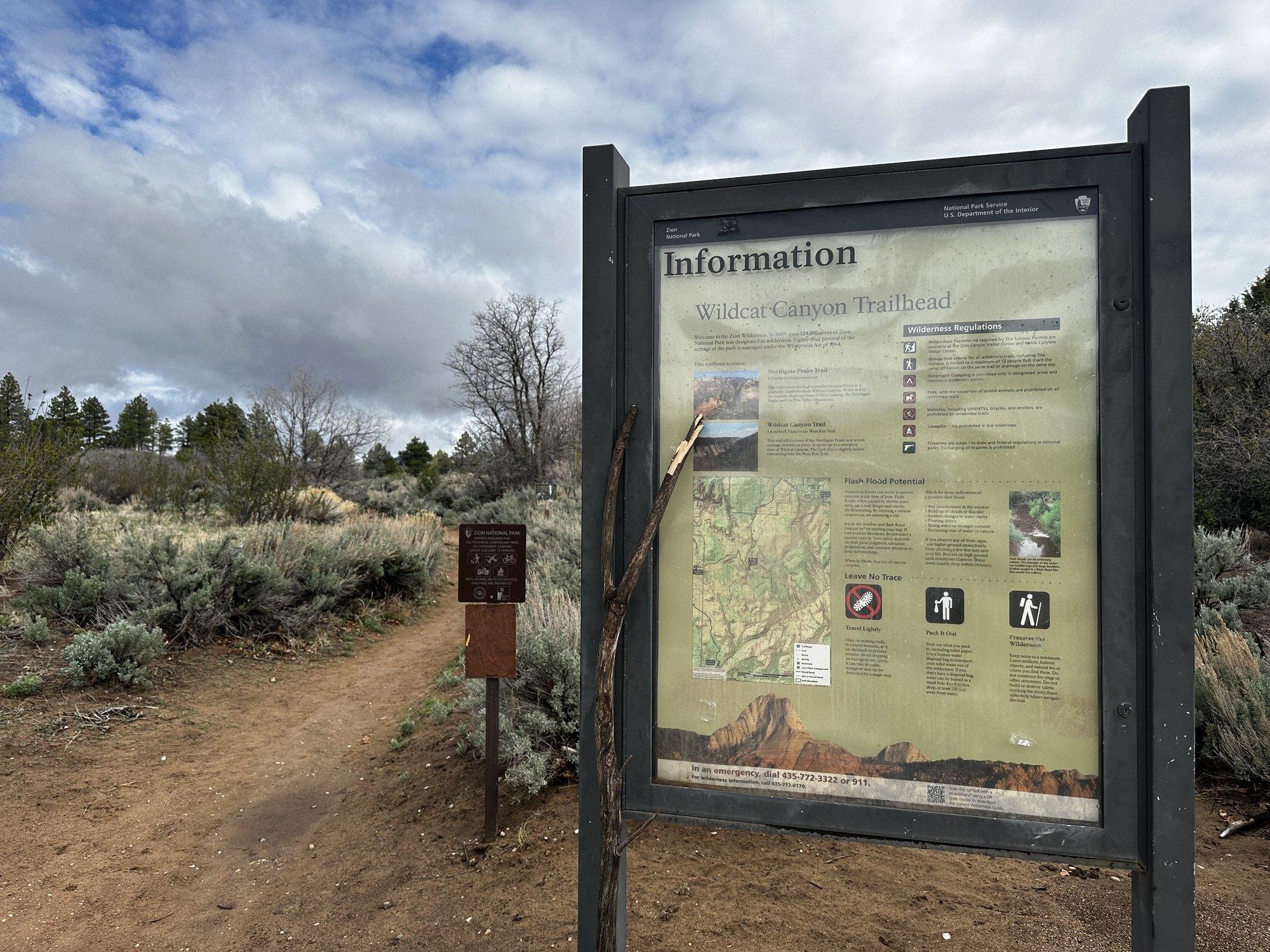 Information board and trail map at Wildcat Canyon Trailhead in Zion National Park.