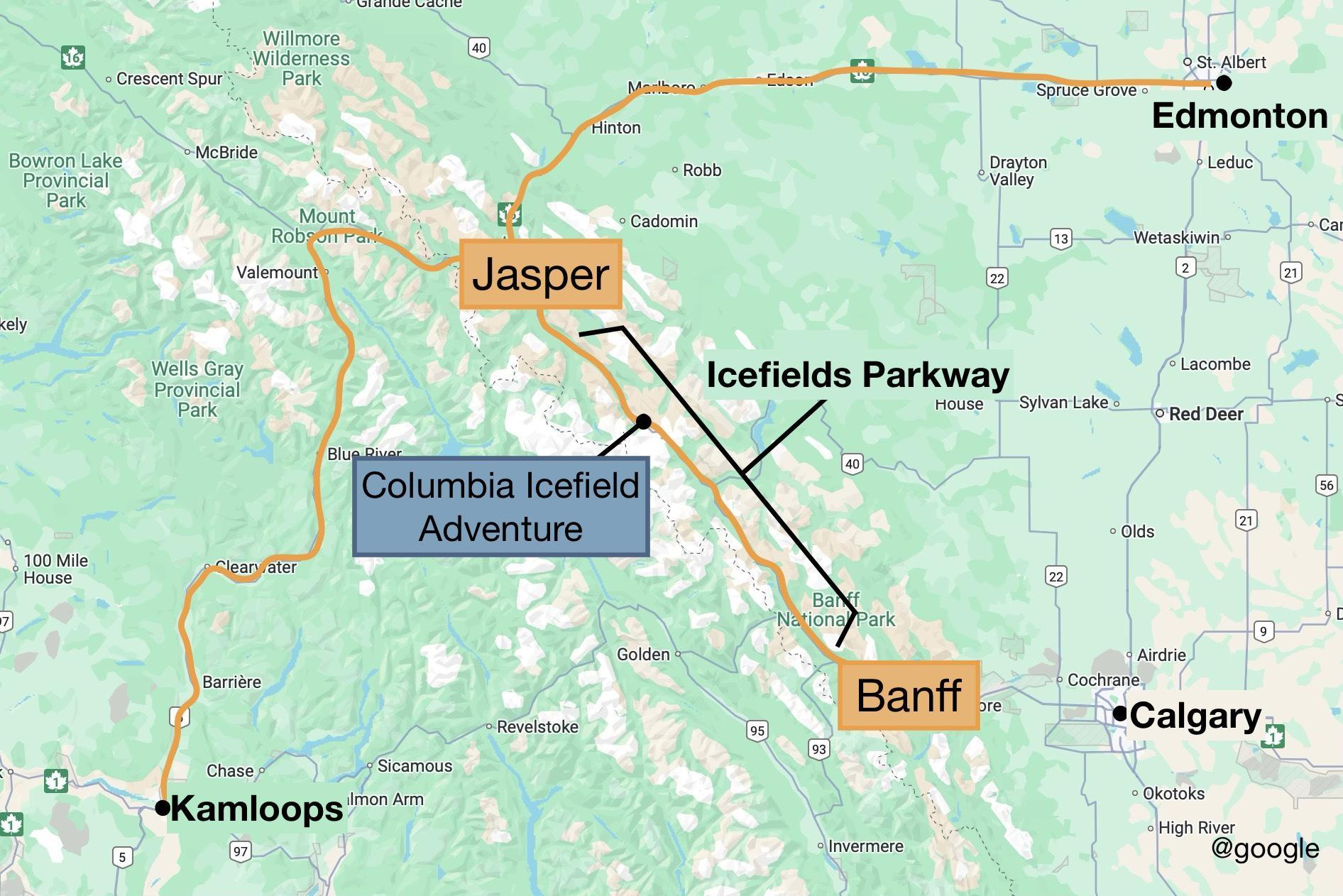map showing Banff, Jasper, and nearby Canadian Rockies destinations